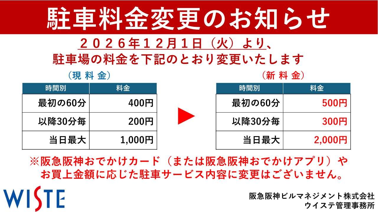 【予告】駐車場料金改定のご案内（12月1日（火）より）